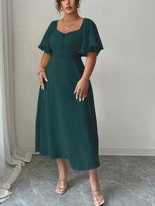 Modelyn Plus Size Dark Green Midi A Line Dress With Ruffle Hem Sweetheart Neck And Cloak Sleeves - Dark Green - View 5