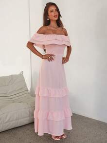 Aloruh Women's Light Pink Bohemia Elegant Summer Vacation Holiday Maxi Dress,Off Shoulder Linen Like Ruffled Fitted Waist Wedding Guest Party Outfits - Baby Pink - View 7