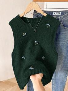 Modelyn 女士圆领刺绣纯色休闲毛衣背心，秋冬季款 - 墨綠色 - 查看 4