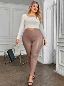 SHEIN VCAY 大码纯色休闲裤 - 卡其色 - 查看 3