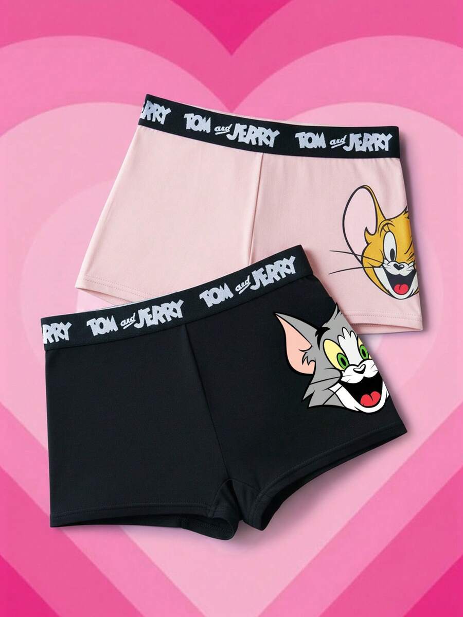 TOM & JERRY X SHEIN Women's 2pcs Comfortable Cute Cartoon Pattern Letter Waistband Boyshorts - Pink - View 1