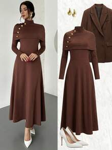 Firerie Váy trơn màu thanh lịch dành cho nữ có cổ đứng - màu nâu - Xem 4