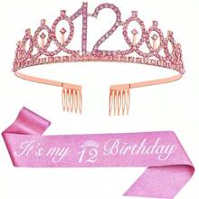 2pcs/Set Birthday Sash Birthday Crown Number Princess Crown Queen Tiara Rhinestone Birthday Headbands Birthday Sash With Pin Happy Birthday Crown And Sash Ribbon For Birthday Party Ball Decoration,Christmas - Multicolor - View 6