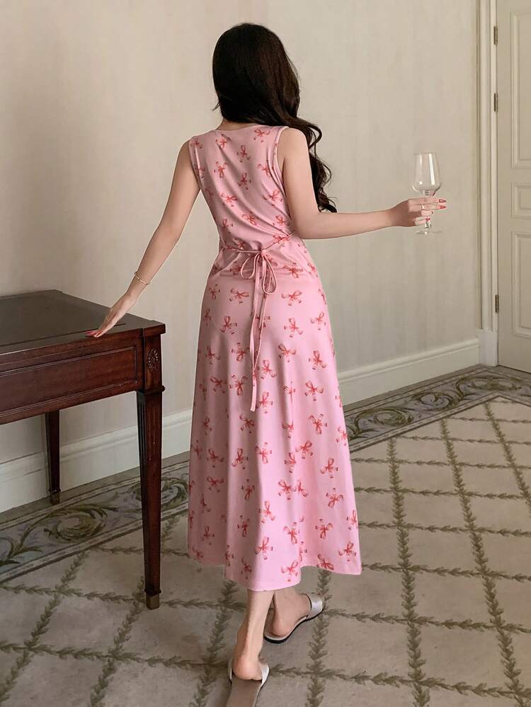 Butterfly Print Cinched Waist Long Nightgown For Women