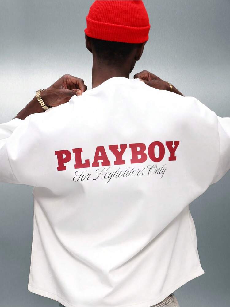 PLAYBOY X SUMWON 로고 프린트가 있는 오버사이즈 크롭핏 엘보우 슬리브 티