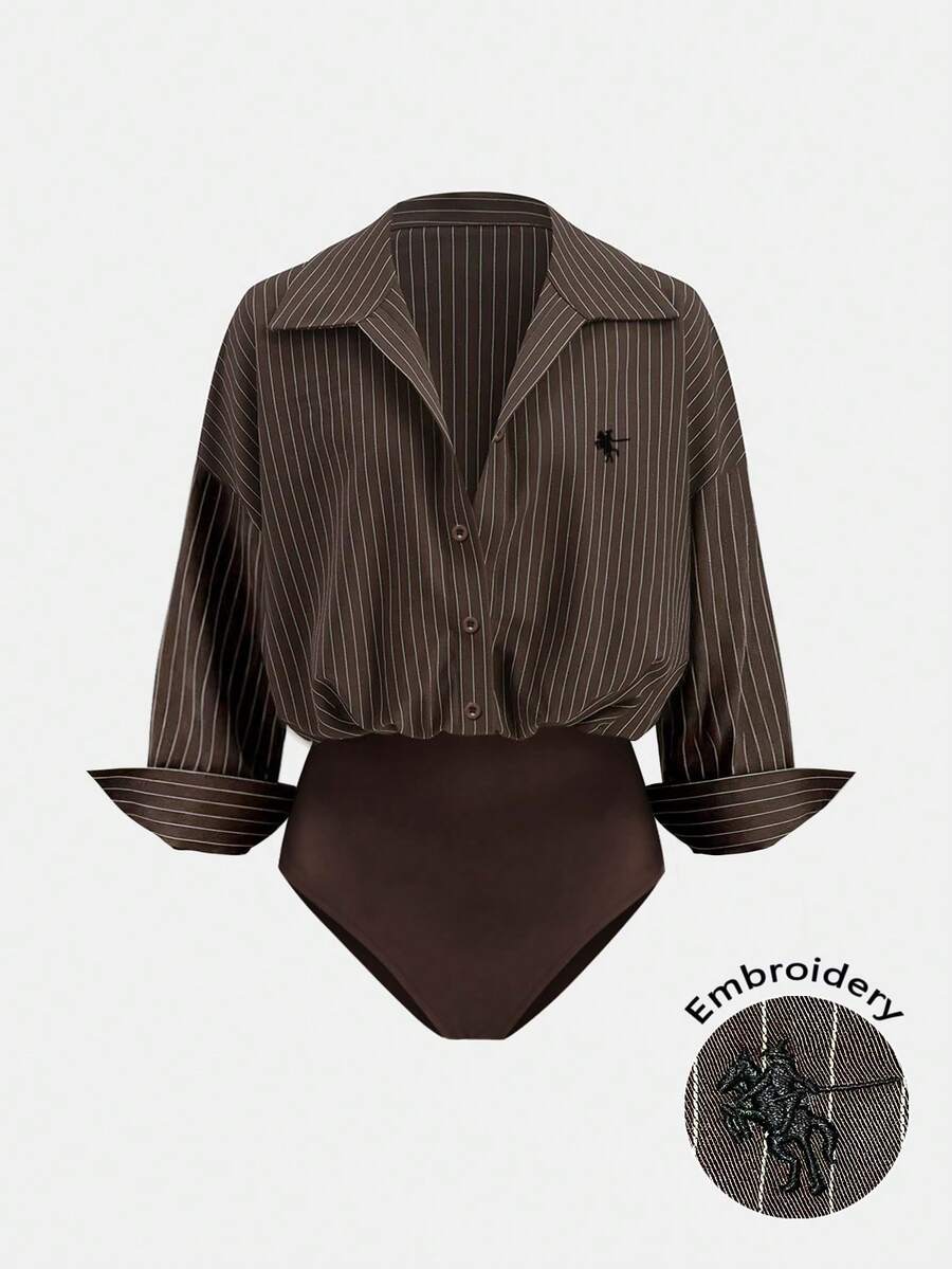 Airaco Women's Knight Print Striped Drop Shoulder Long Sleeve Single-Breasted Casual Bodysuit - Brown - View 1