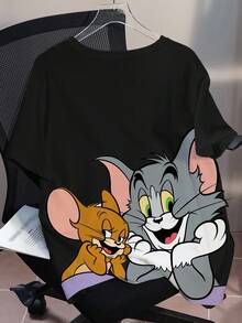 TOM & JERRY X SHEIN 大码可爱卡通图案圆领落肩短袖T恤，夏季 - 黑色 - 查看 7