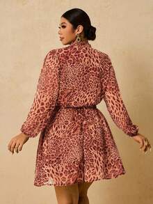Travachic Đầm dài tay bằng vải chiffon họa tiết da báo cỡ lớn dành cho nữ, cổ chữ V, thắt eo, dáng chữ A, thích hợp mặc nhiều lớp vào mùa thu/đông. - trái cam - Xem 2