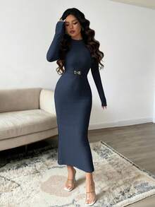 Elenzga Đầm nữ mùa thu/đông chất liệu dệt kim co giãn, đầm ôm sát cổ cao, đầm thiết kế khóa kim loại, đầm thanh lịch dành cho nữ, đầm thường ngày, trang phục nữ mùa thu/đông, đầm dự tiệc. - Màu xanh hải quân - Xem 3