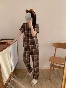 少女时尚复古格子两件套，棕色格子休闲舒适翻领短袖上衣和裤子家居服睡衣套装，女士格子睡衣套装，棕色格子短袖睡衣套装 - 棕色 - 查看 6