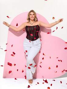 Hourglow Top bandeau élégant en maille rose avec laçage dans le dos pour les femmes de grande taille, pour les silhouettes en sablier et en forme d'heure de sablier, Saint-Valentin - Noir - Voir 3