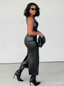 Alexandranx 女式无袖 PU 皮革长款紧身连衣裙 - 黑色 - 查看 5