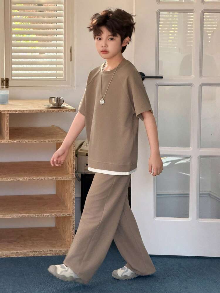 Tween Boy Solid Color Minimalist Casual Round Neck Short Sleeve T-Shirt And Pants Set Spring