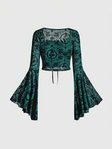 ROMWE Gothic Palace Style Halloween Party Flocked Cross Floral Pattern Mesh Patchwork Lace-Up Waist Women Top - Dark Green - View 2
