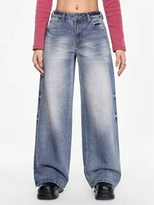 ROMWE Grunge Punk Quần jeans dáng rộng phong cách Y2K Streetwear với họa tiết hoa anh đào thêu. - Màu xanh lam - Xem 5