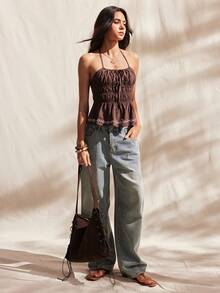 Easelle Women's Spaghetti Strap Halter Neck Sleeveless Ruffle Hem Vintage Top Brown Floral Embroidery Vintage Top Vacation Women Cotton - Mocha Brown - View 6