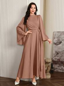 Modelyn Women Elegant Solid Color Bell Sleeve Arabic Dress, Autumn Long Evening Dresses - Khaki - View 6