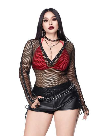 Whyspr Plusstorlek Dam Sexig Punk Style Mesh Patchwork Strap T-shirt