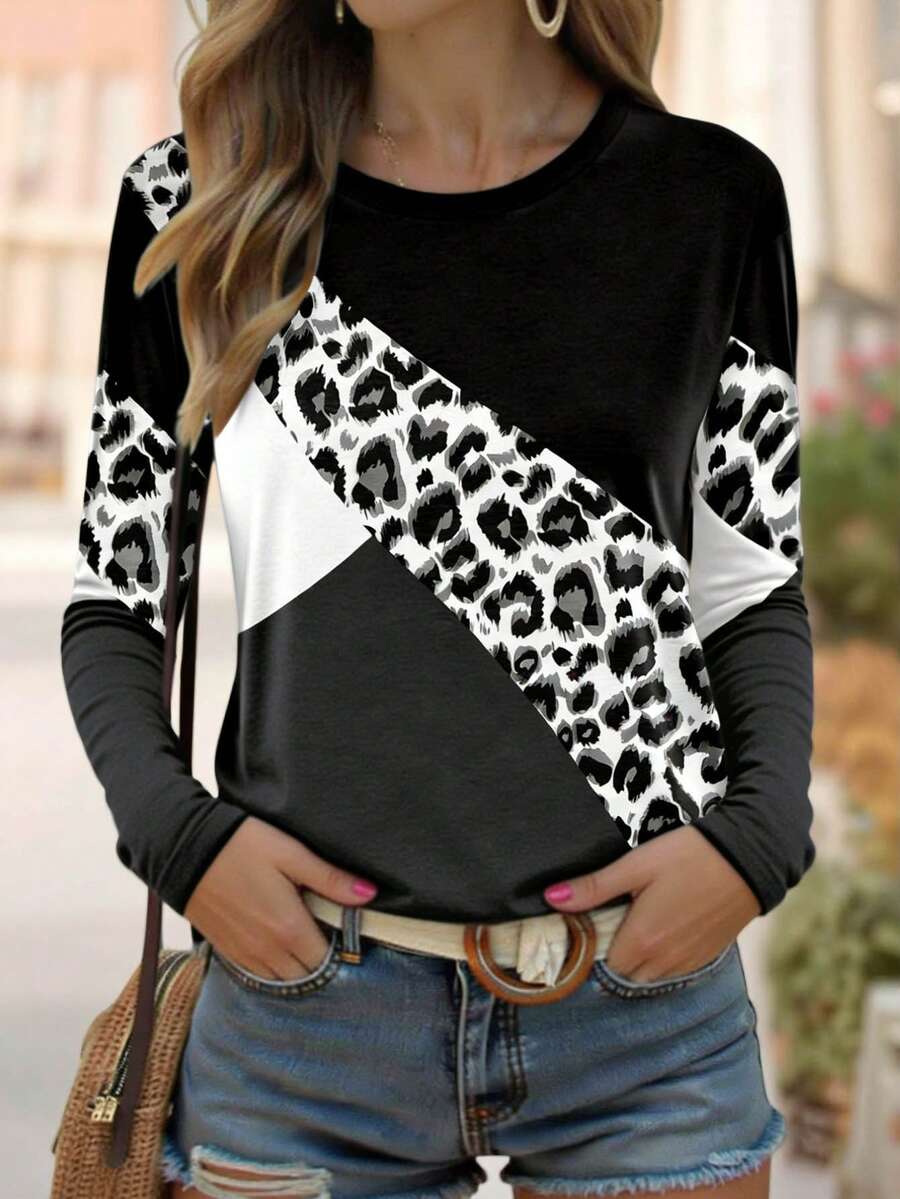 SHEIN LUNE Blusa con bloques de color y estampado de leopardo, camiseta casual cómoda y colorida adecuada para uso al aire libre - Multicolor - Ver 1