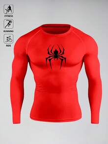 Coreblaze Men's Spider Print Raglan Long Sleeve Sports T-Shirt Rash Guard Men Spandex Shirts Men's Compression Tops Men's Compression Shirts Red Compression Shirt - Red - View 3