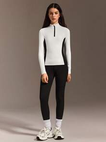 SHEIN Conjunto de top de manga larga y pantalones de alta elasticidad, color negro sólido + blanco, cómodo y de moda, adecuado para deportes y ejercicio para adolescentes - Blanco y Negro - Ver 4