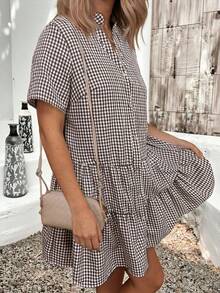EMERY ROSE Plus Size Plaid Print Notched Neck Ruffle Hem Short Sleeve Dress - Black and White - View 3