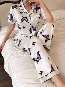 SHEIN 仿丝绸蝴蝶印花翻领短袖睡衣套装 - 白色 - 查看 5
