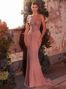 Glamrae Elegant Luxurious Beaded & Sequin Floral Design Elastic Ruched Mermaid Skirt, Suitable For Weddings, Parties, Vacations, Galas, Formal Occasions (Heavy Embellishment) - Dusty Pink - View 5