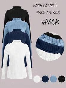 4pcs/Set Plus Size Women Ribbed Texture High Neck Fitted Casual Basic T-Shirt, Autumn/Winter - Multicolor - View 1