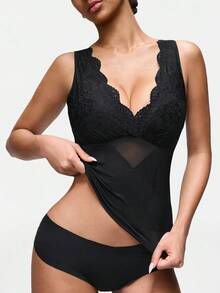 SHAPORA 女士深V蕾丝拼接极简塑身衣 - 黑色 - 查看 3