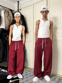 Manfinity EMRG 男士撞色拼接抽绳腰休闲运动裤。街头风，朋友，情侣装，宽松版型，男士款，印花，日系，男女通用，我爱我的女朋友 - 紅色 - 查看 1