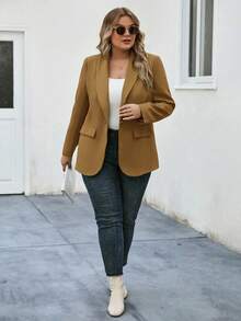 SHEIN LUNE Chaqueta de traje con cuello de chal de talla grande para otoño/invierno - Marrón - Ver 4