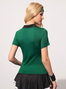 CourtClass Women's Contrast Color Short Sleeve Fitted Sports Polo Shirt, Summer - Green - View 2