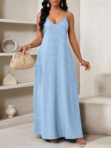 SHEIN Lady Đầm Maxi Rộng thùng thình cho Nữ Đầm Maxi Không Dây, Đầm Dự Tiệc Sinh Nhật & Sự Kiện/Đầm Ngày Lễ Trang Phục Kỳ Nghỉ Đầm Nữ Boho/Bohemia/Boho Quần Áo Nữ Áo Halter Top Quần Áo Phụ Nữ Châu Phi Đầm Nữ Đầm Nhiệt Đới Mùa Hè Cho Nữ Hàng Mới Về Đầm Nữ Đầm Đi Biển Đầm Phục Sinh / Đầm Phục Sinh Nữ / Trang Phục Phục Sinh Nữ - Màu xanh nhạt - Xem 3