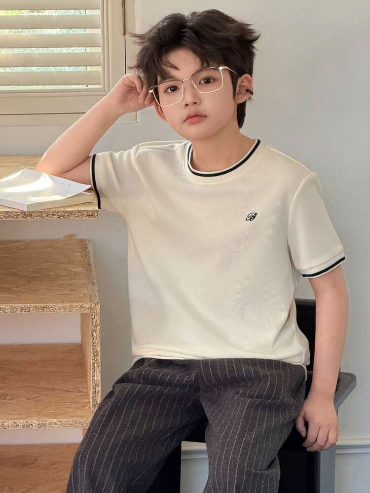 Tween Boy Colorblock Striped Print Crew Neck Short Sleeve T-Shirt Spring Summer