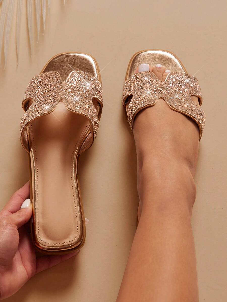 SHUZIA Women's Crystal-Encrusted Rose Gold Slides - Starburst Rhinestones & Architectural Cutout For Gala Events To VIP Parties Mother's Day Present - Rose Gold - View 1