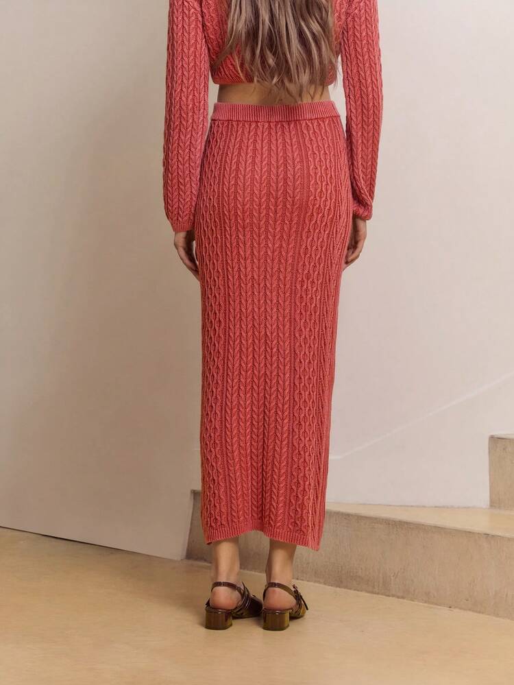 Red Fitted Cable-Knit High-Waist Skirt With Washed Effect Reds Brown Maxi Skirt Going Out Spring French Style Parisian Style