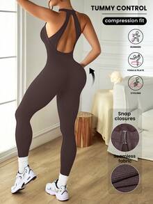 Slayform Mono deportivo sin espalda, de unicolor, elástico y sin costuras, para verano - Marrón - Ver 3