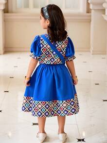 Young Girls Middle Eastern Style Blue Floral Print T-Shirt & Skirt 2-Piece Set With Matching Crossbody Bag,Summer Family Matching Modest Folk Dress - Blue - View 2
