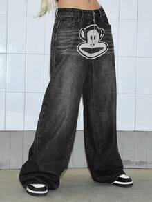 Paul Frank X ROMWE Women's Y2K Casual Fashionable Street Style Cartoon Monkey Print Vintage Washed Baggy Loose Fit Jeans - Black - View 5