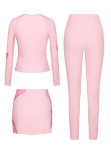 Swim Shayni 新款夏季女士圆领长袖拉链上衣，修身长裤，正面印花，手工3D花朵半身裙，休闲度假布基尼套装，粉色女装，女士套装，粉色两件套，粉色套装，紧身裤两件套