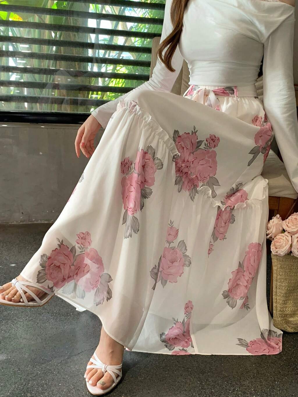 Women's Floral Print Frill Trim Elegant Skirt, Suitable For Vacation