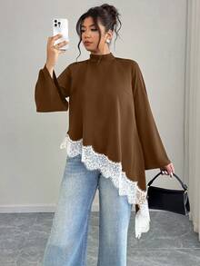 Elenzga 大码女式黑色长袖不对称下摆衬衫，饰有白色蕾丝边，适合休闲、办公、优雅婚礼、新年、圣诞节和万圣节等场合穿着。 - 咖啡棕 - 查看 6