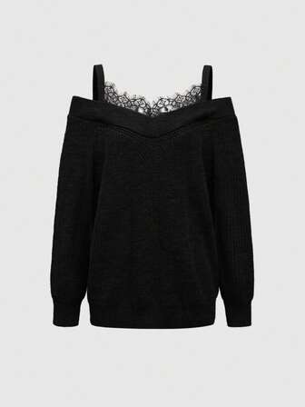 Pull ample en tricot avec contraste de dentelle épaules dénudées, sexy et élégant pour femmes