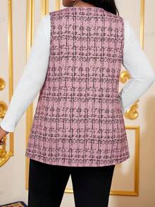 SHEIN Lady معطف سترة مربعات وردية بحجم كبير، مناسب للارتداء اليومي في فصول الخريف/الشتاء والربيع للنساء - وردي مغبر - مشاهدة 2