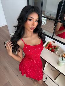 ZzzCrew Women's Red Rib Knit Slip Dress With Random Heart Print Spaghetti Strap Short Length Sleepwear - Red - View 5