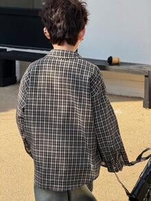 DAZY 男童格子落肩长袖纽扣前开襟休闲宽松衬衫 - 黑色 - 查看 7