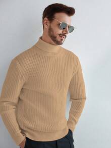 Manfinity CityGents European & American Style Blogger Chic 3D Ribbed Solid Color Casual Slim Fit Sweater - Khaki - View 6