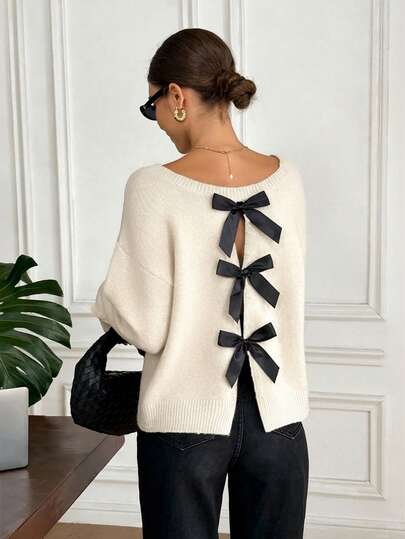 Serisse Suéter casual y elegante para mujer, adecuado para otoño/invierno, con diseño de espalda descubierta y lazo de contraste