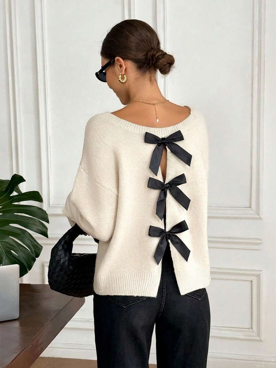 Serisse Women's Casual Elegant Sweater, Suitable For Autumn/Winter, Backless Design With Contrast Bow,Sweaters For Women Spring - Multicolor - View 1